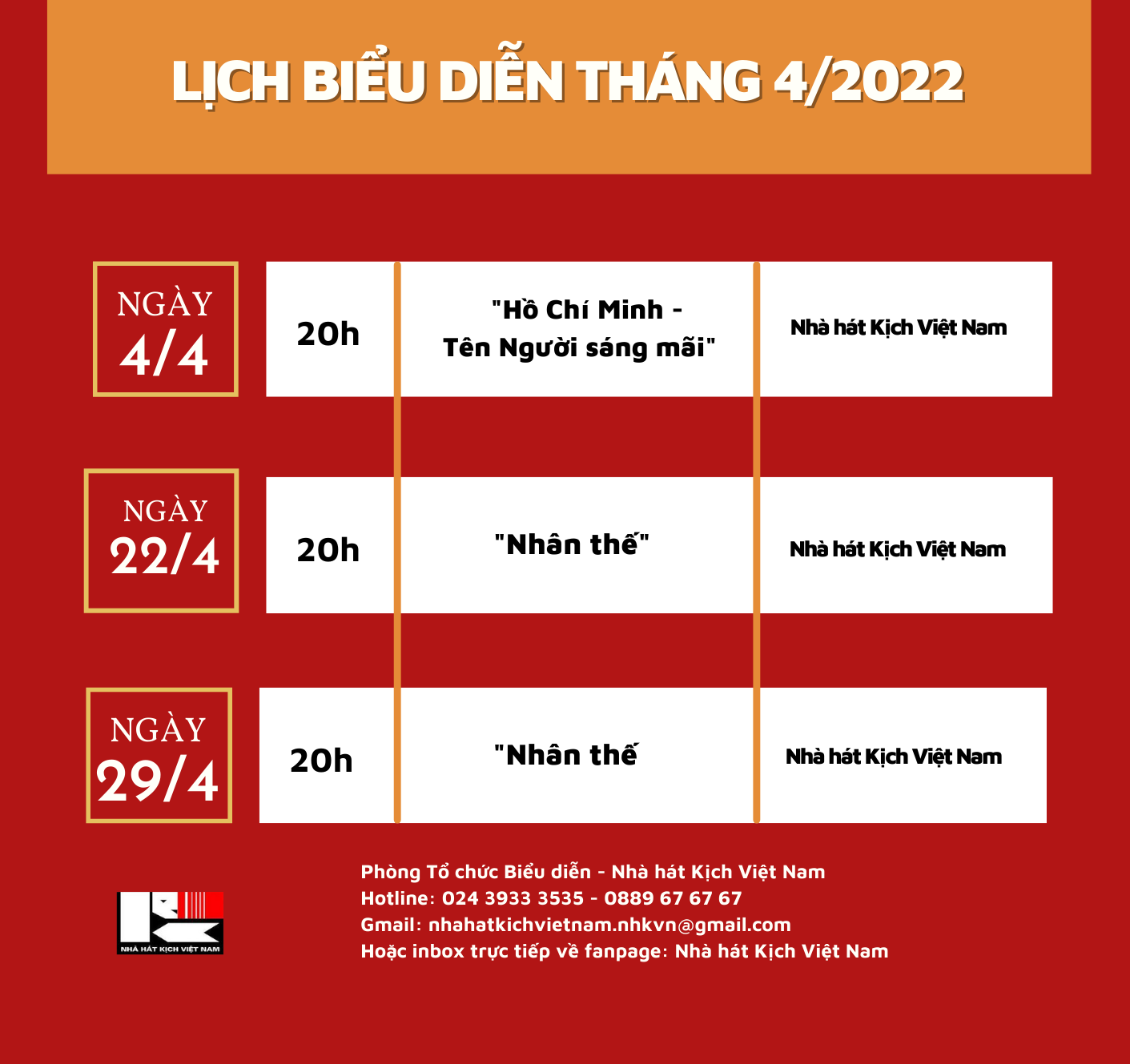 LỊCH BIỂU DIỄN THÁNG 4/2022