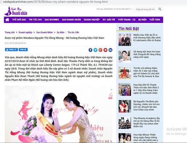 Dược mỹ phẩm Wondera Nguyễn Thị Hồng Nhung - Nữ hoàng thương hiệu Việt Nam 8/31/2018 08:28:00 CH