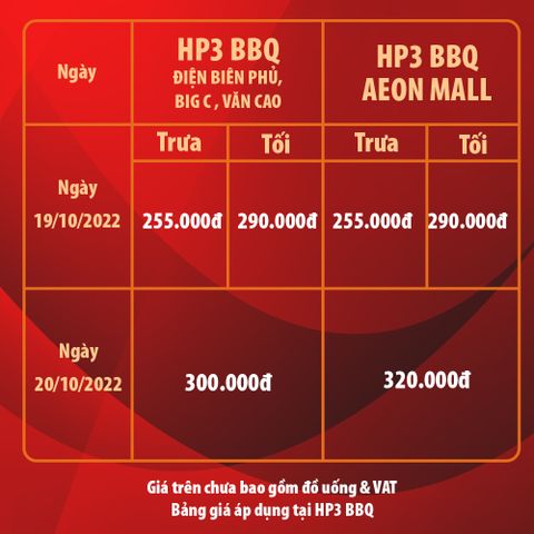 HP3 BBQ cập nhật bảng giá buffet ngày 19 - 20/10