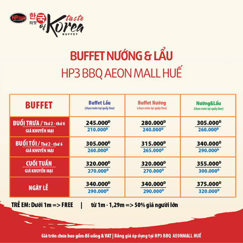 BẢNG GIÁ ÁP DỤNG TẠI CƠ SỞ AEON MALL HUẾ