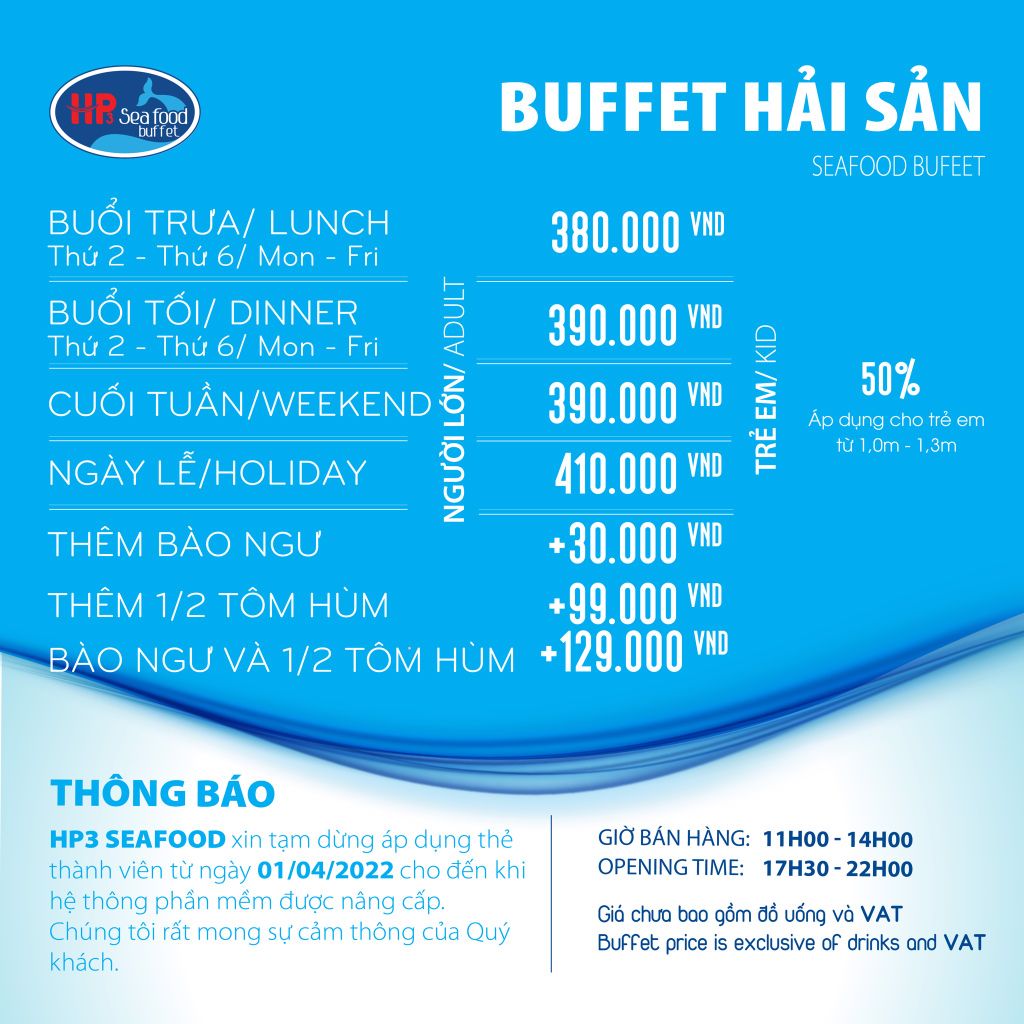 HP3 Seafood cập nhật bảng giá buffet tại nhà hàng