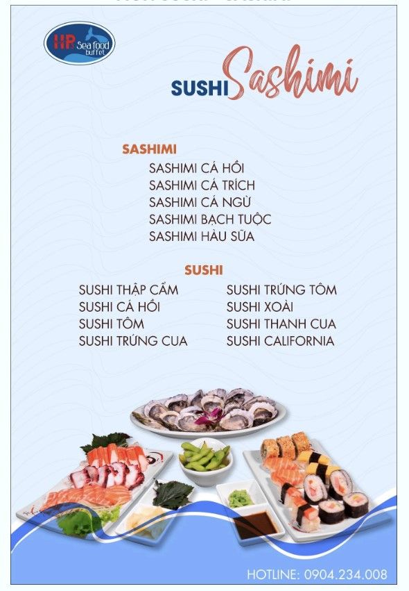 Thực đơn món Nhật gồm sashimi và sushi luôn đảm bảo đầy ắp trên kệ