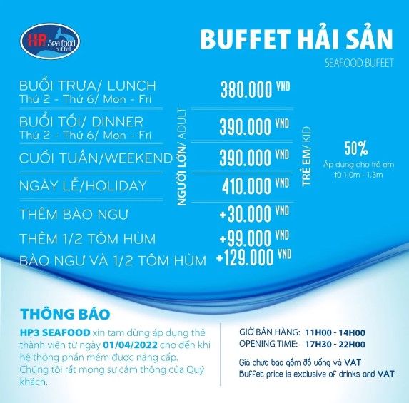Giá buffet hải sản - Nhà hàng hải sản Hải Phòng HP3 Seafood