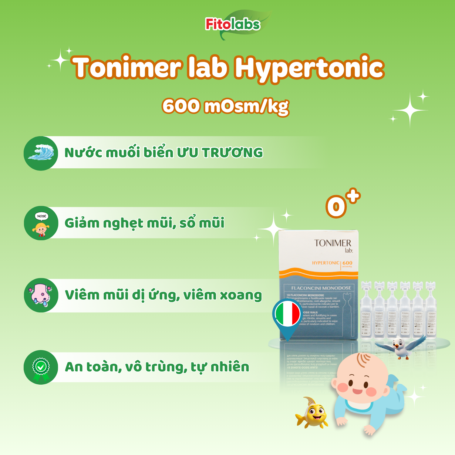 Tonimer Lab Hypertonic 18 Single Dose Vials - Dung dịch nhỏ mũi ưu trương 600 mOsm/kg