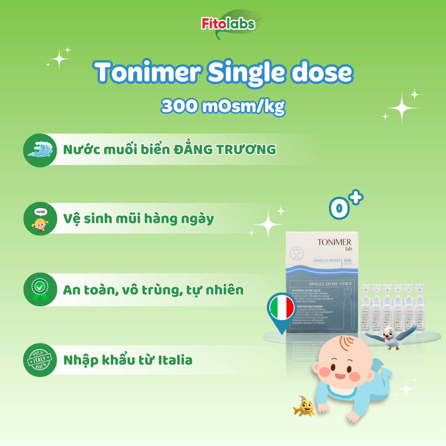 Tonimer lab Monodose 30 Single Dose Vials - Dung dịch nhỏ mũi đẳng trương 300 mOsm/kg