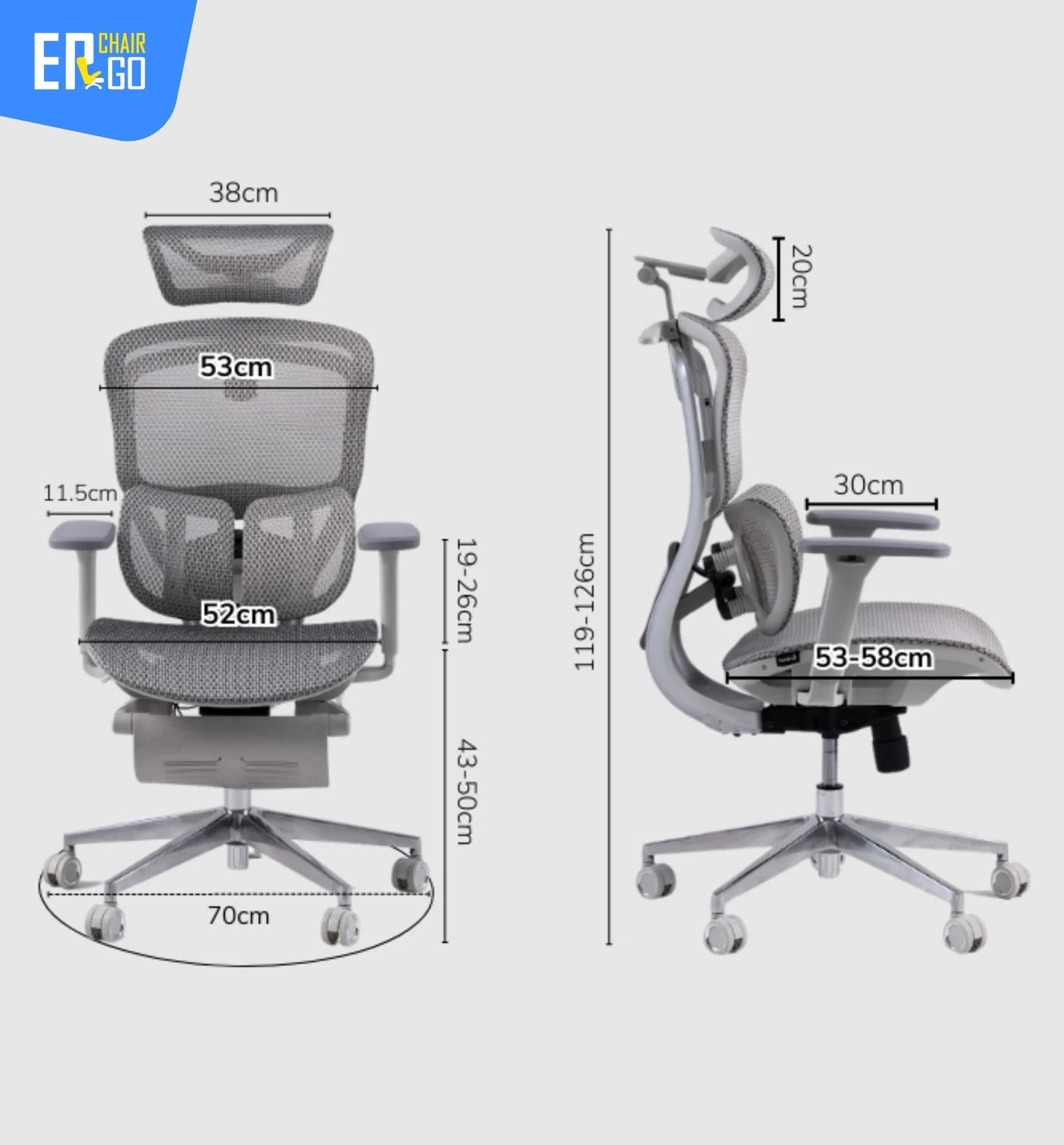 Kích thước của Ghế Công Thái Học Gami Crom bản thường màu Xám 2025