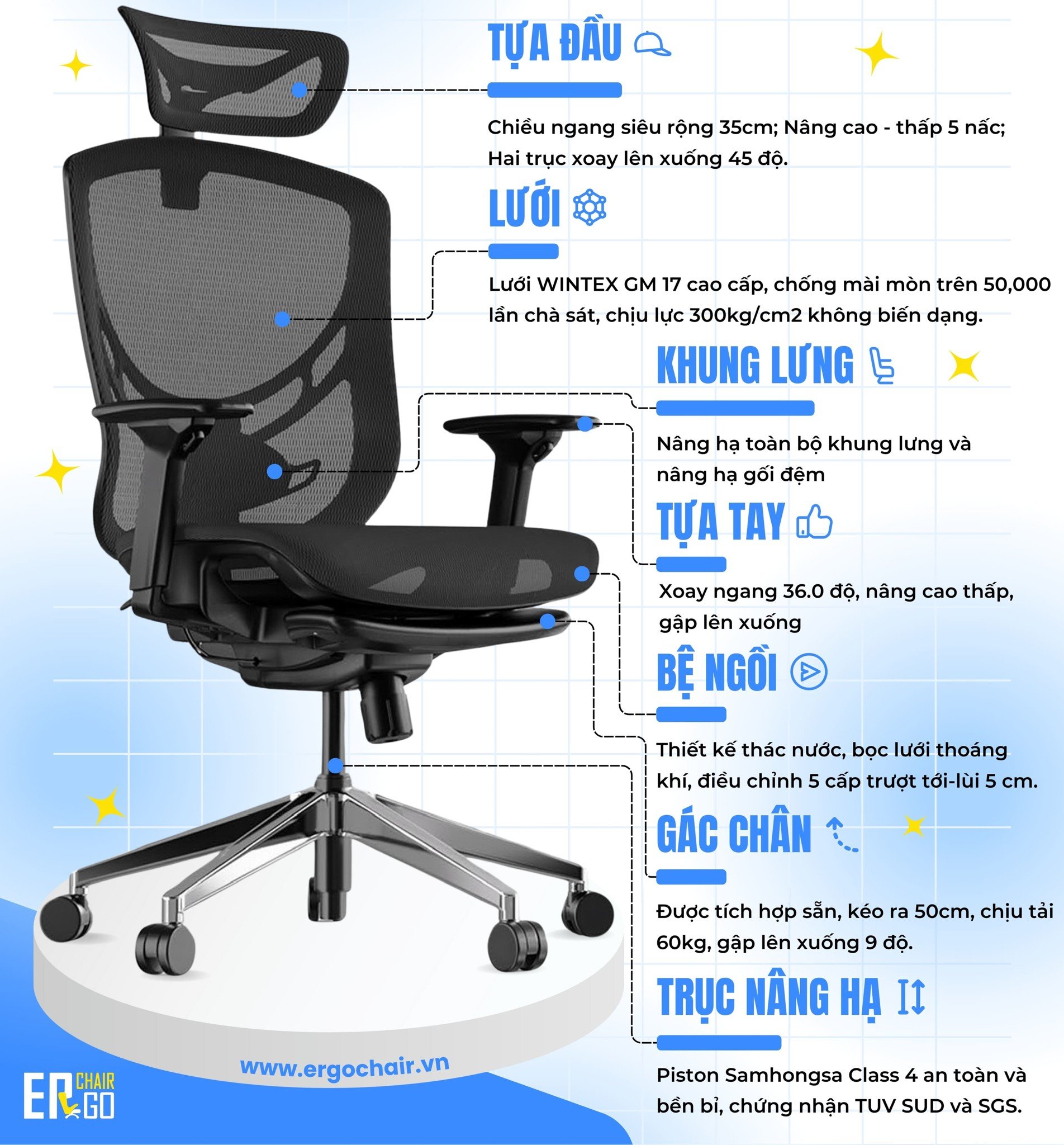 Ghế công thái học GTChair I-VINO MT (Bảo hành 12 năm)