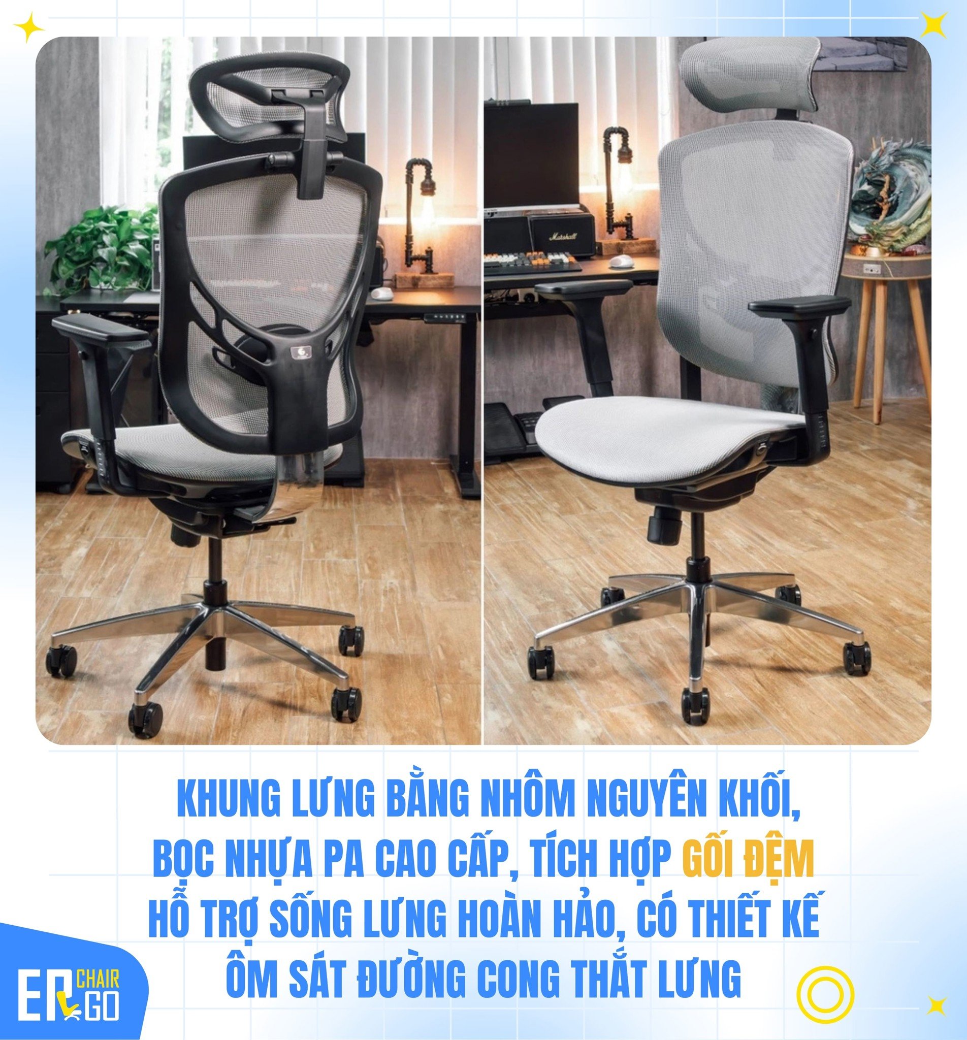Khung lưng của Ghế công thái học GTChair I-VINO MT được thiết kế để giúp duy trì tư thế ngồi chuẩn