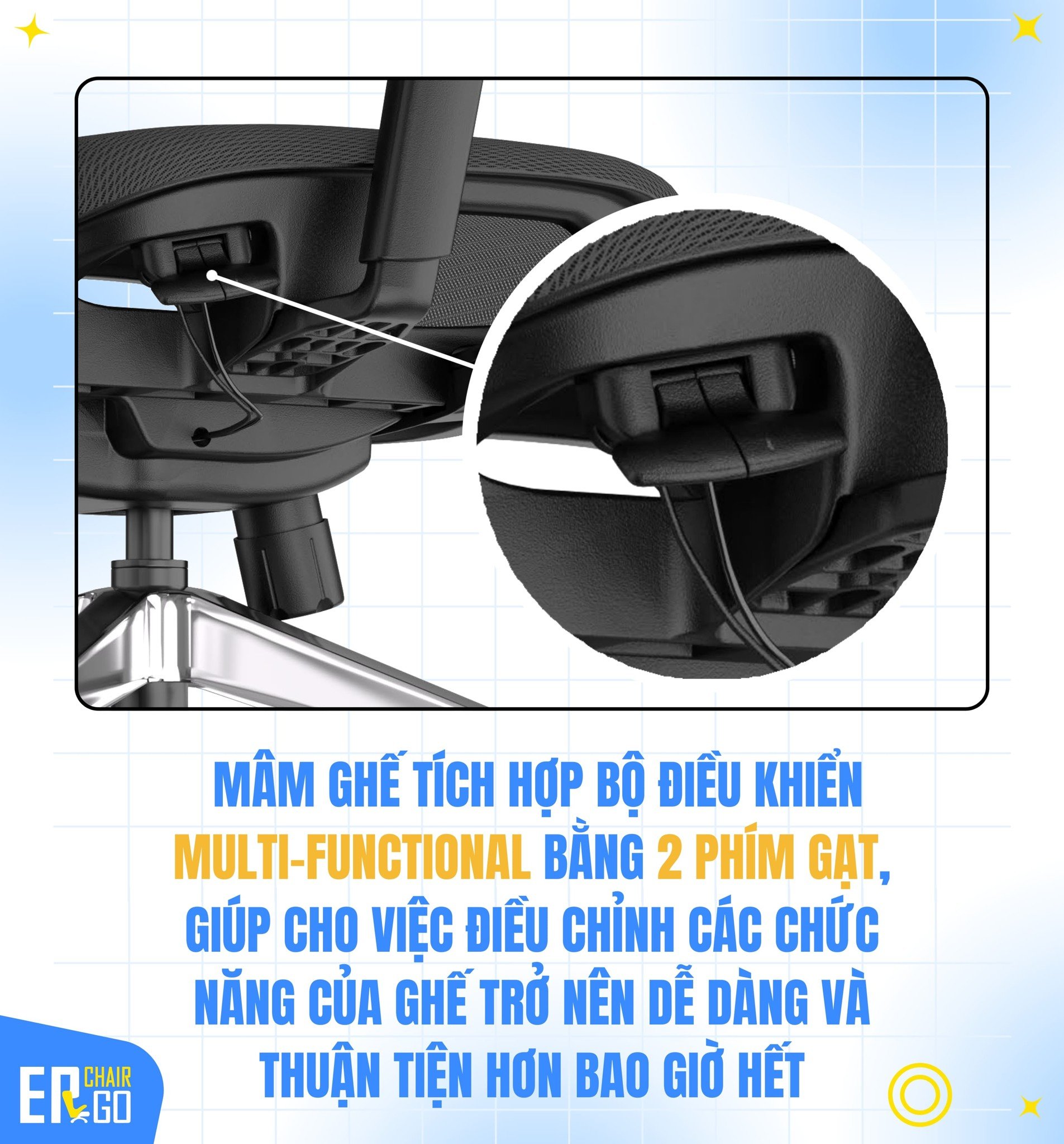 Mâm ghế công thái học GTChair I-VINO MT có tích hợp bộ điều khiển Multi-functional bằng 2 phím gạt