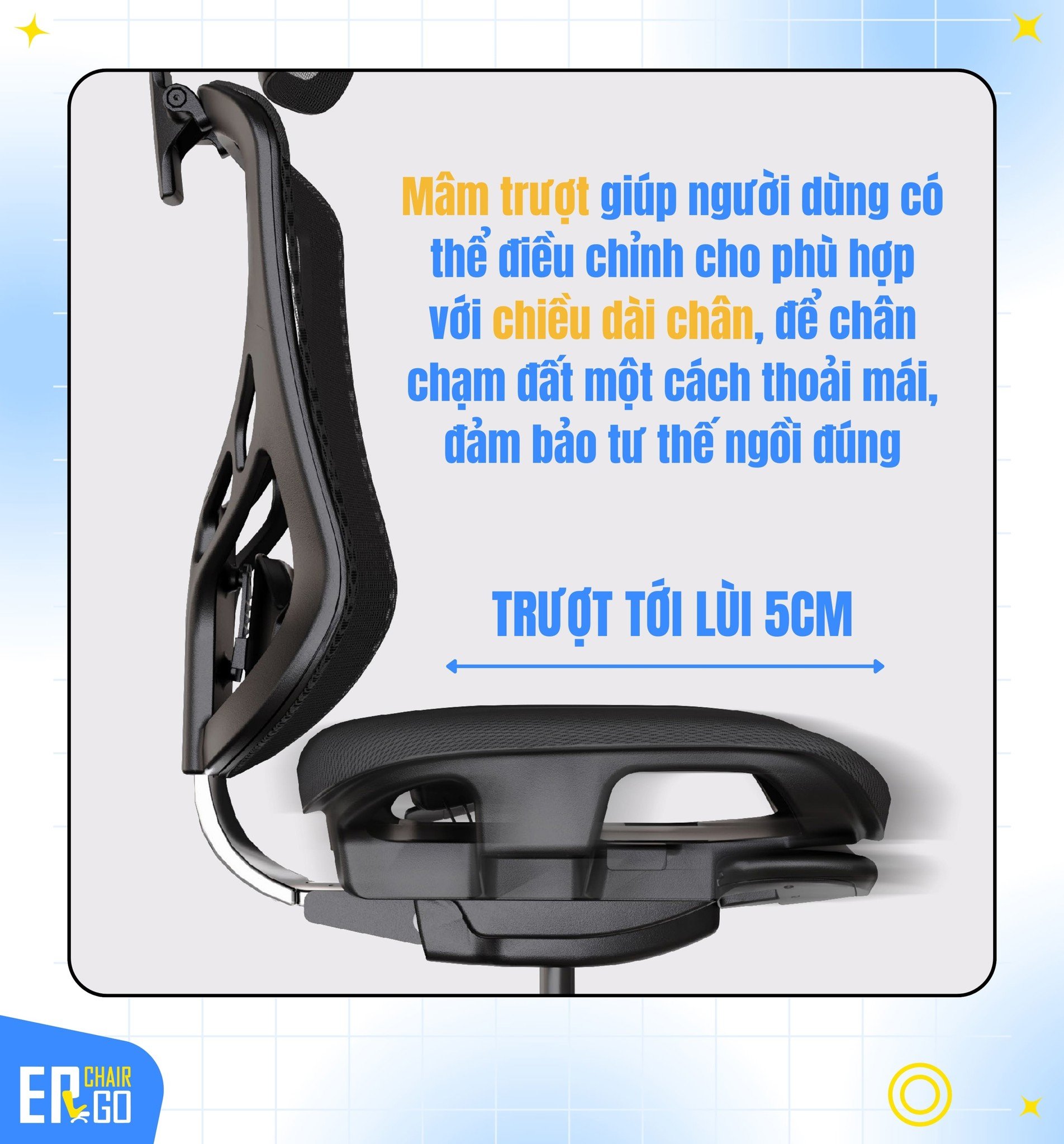 Mâm ghế công thái học GTChair I-VINO MT có thể trượt tới - lùi 5cm