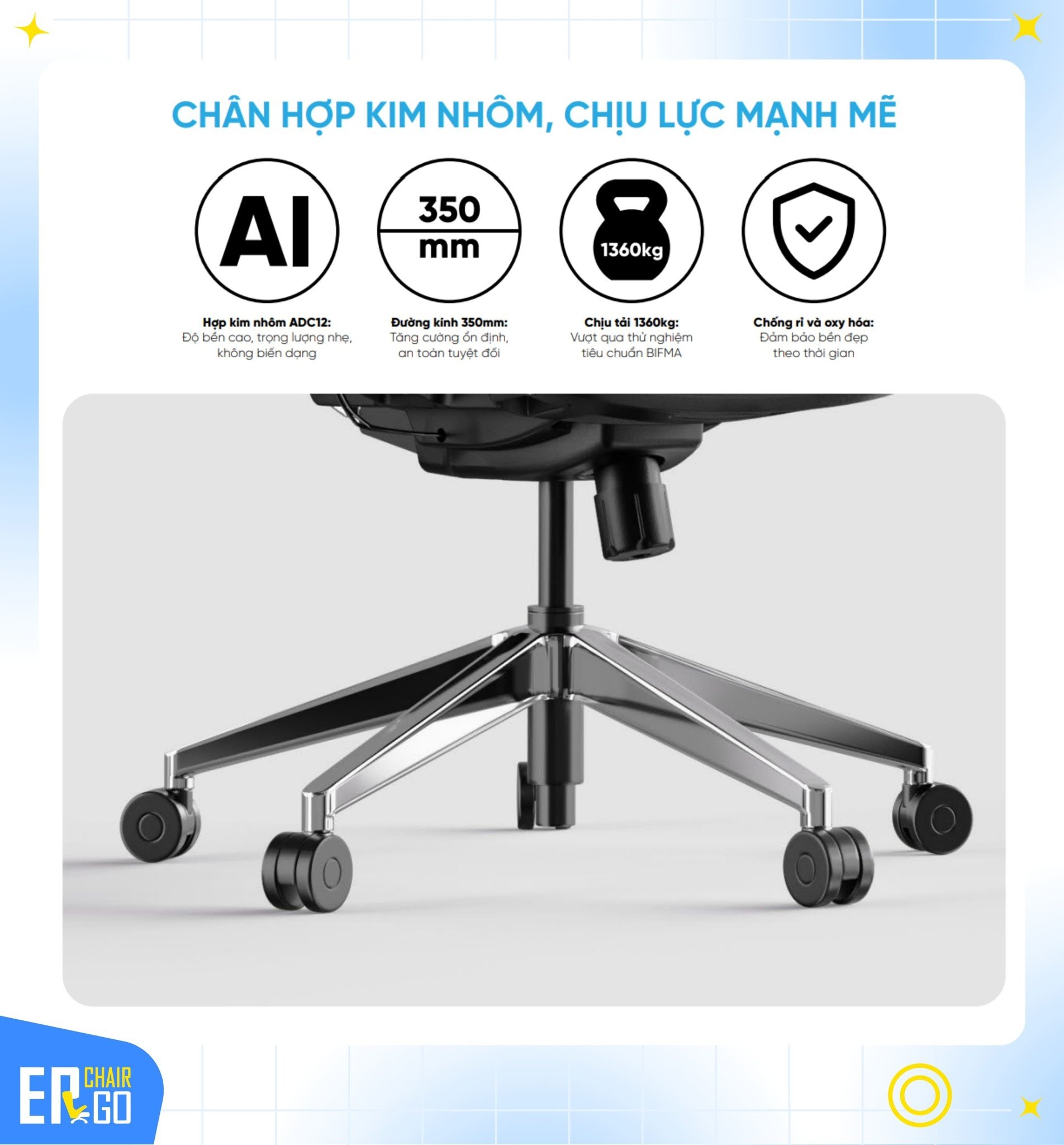 Mâm ghế công thái học GTChair I-VINO MT có Khung chân hợp kim nhôm ADC12 và bánh xe bằng nhựa PU