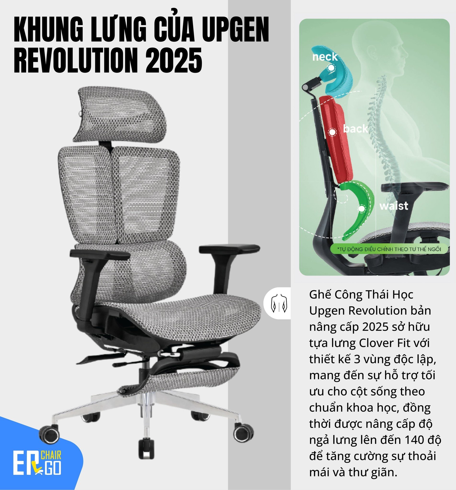 Ghế công thái học UpGen Revolution 2025 có tựa lưng Clover Fit 3 vùng độc lập hỗ trợ cột sống chuẩn khoa học, nâng cấp độ ngả lưng lên 140 độ:
