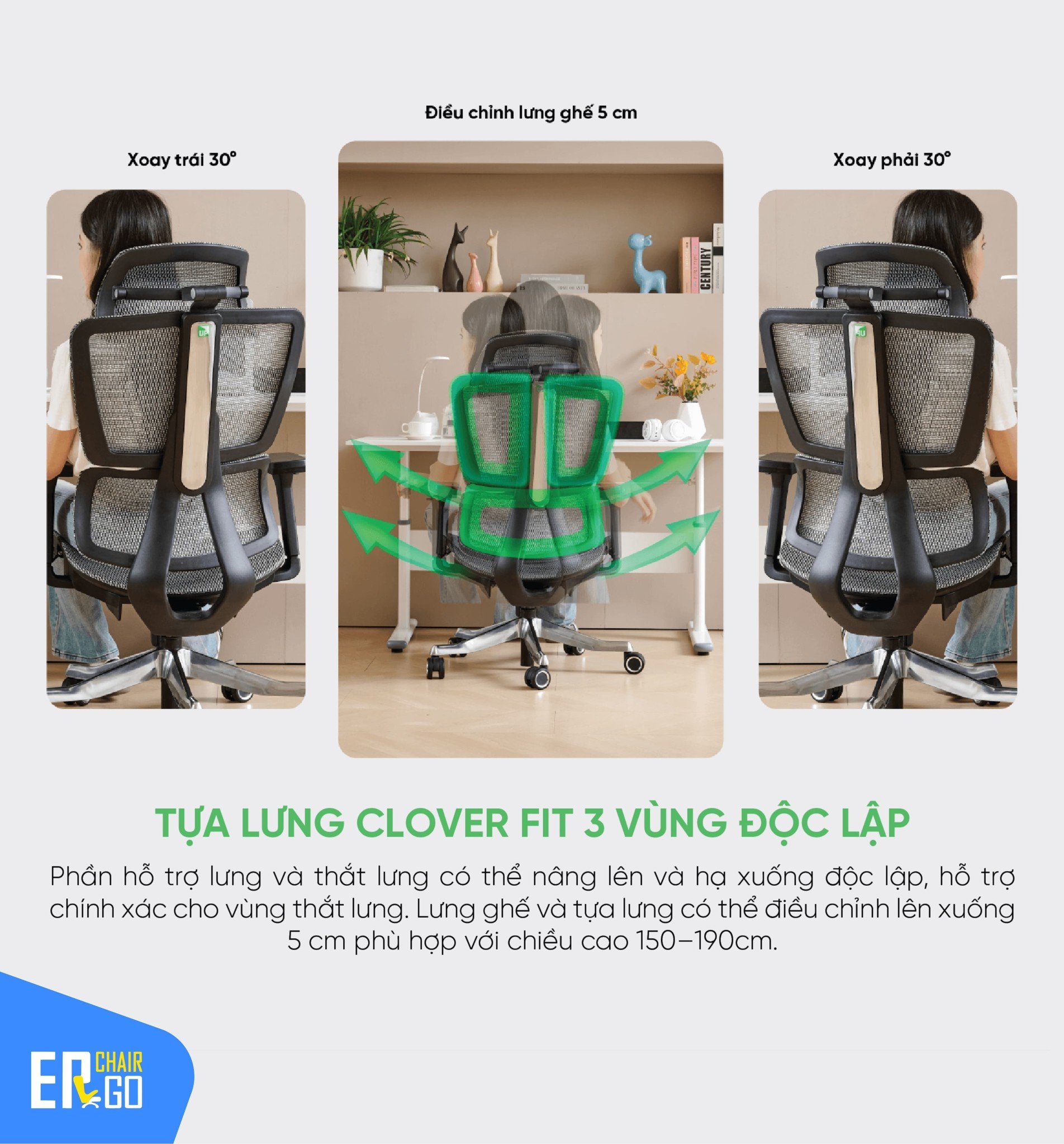 Ghế công thái học UpGen Revolution 2025 có tựa lưng Clover Fit 3 vùng độc lập hỗ trợ cột sống chuẩn khoa học, nâng cấp độ ngả lưng lên 140 độ: