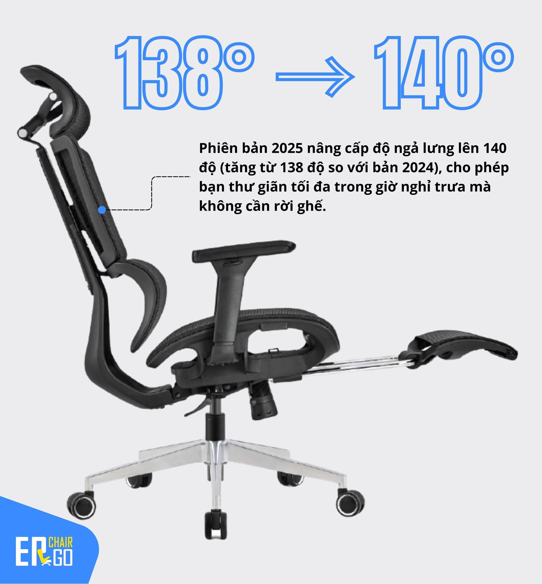 Ghế công thái học UpGen Revolution 2025 có tựa lưng 140 độ
