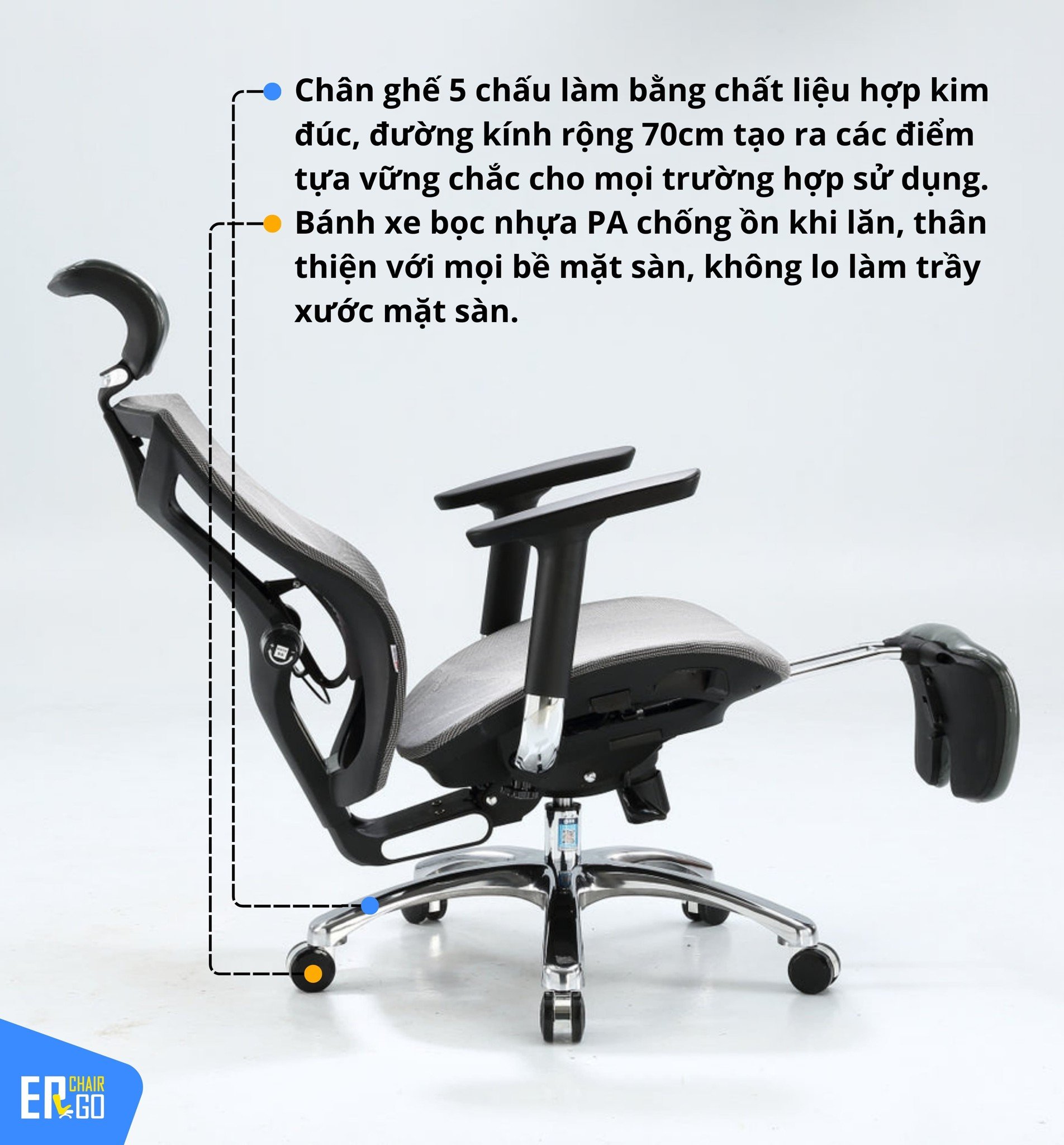 Sihoo V1 có chân ghế hợp kim nhôm 5 chấu chắc chắn, bánh xe PU chống ồn khi lăn