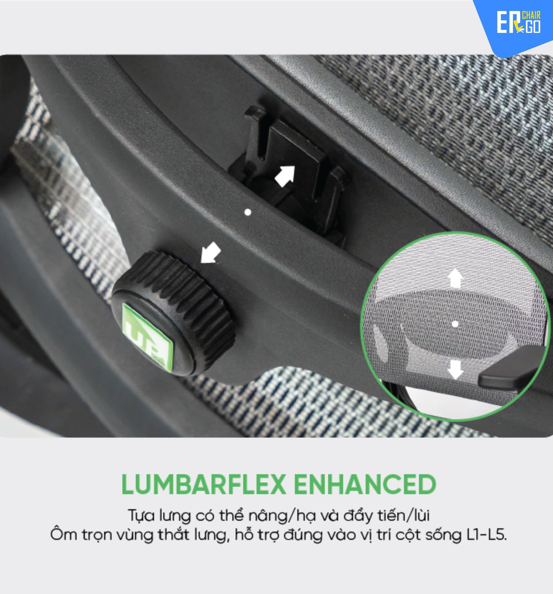 Ghế Công Thái Học UpGen LumiX (2025) có Khung lưng LumbarFlex Enhanced ôm sát cột sống, tích hợp đệm thắt lưng điều chỉnh 2D linh hoạt