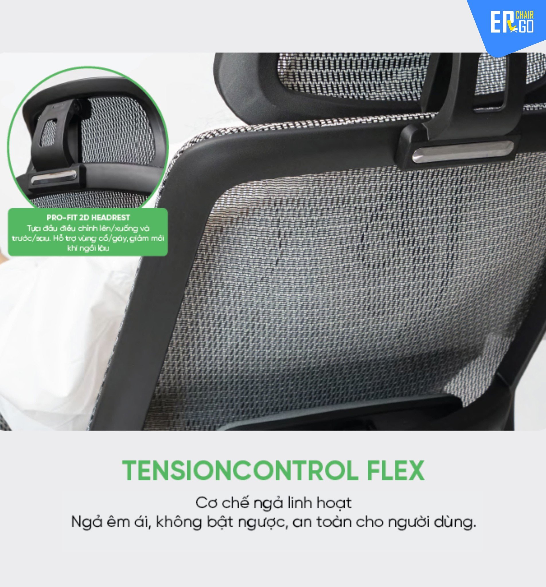 Ghế Công Thái Học UpGen LumiX (2025) có Tựa đầu Pro-Fit Headrest cỡ lớn, điều chỉnh 2D nâng – hạ – tiến – lùi theo chuẩn công thái học