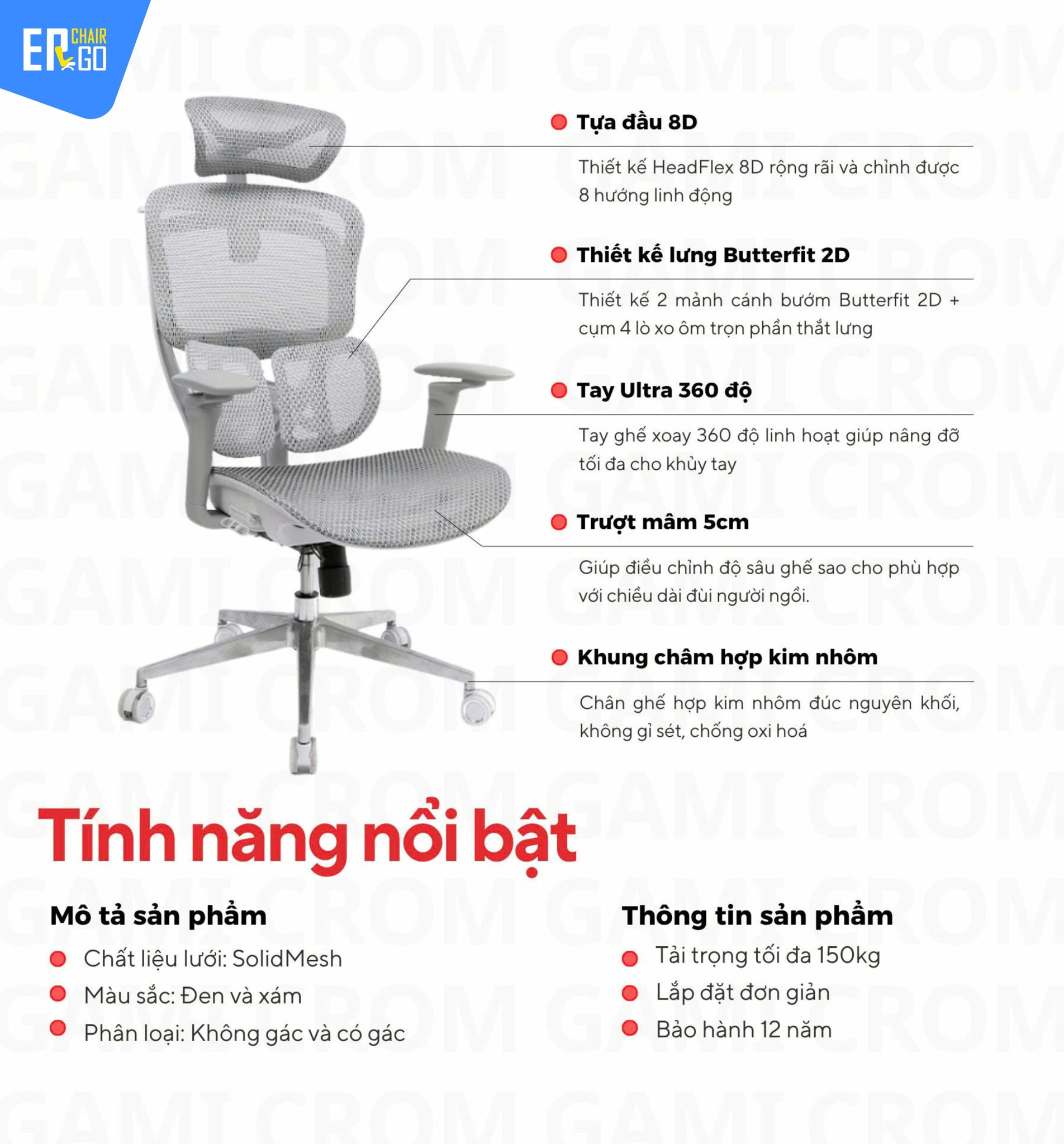 Ghế Công Thái Học Gami Crom bản thường màu Xám 2025