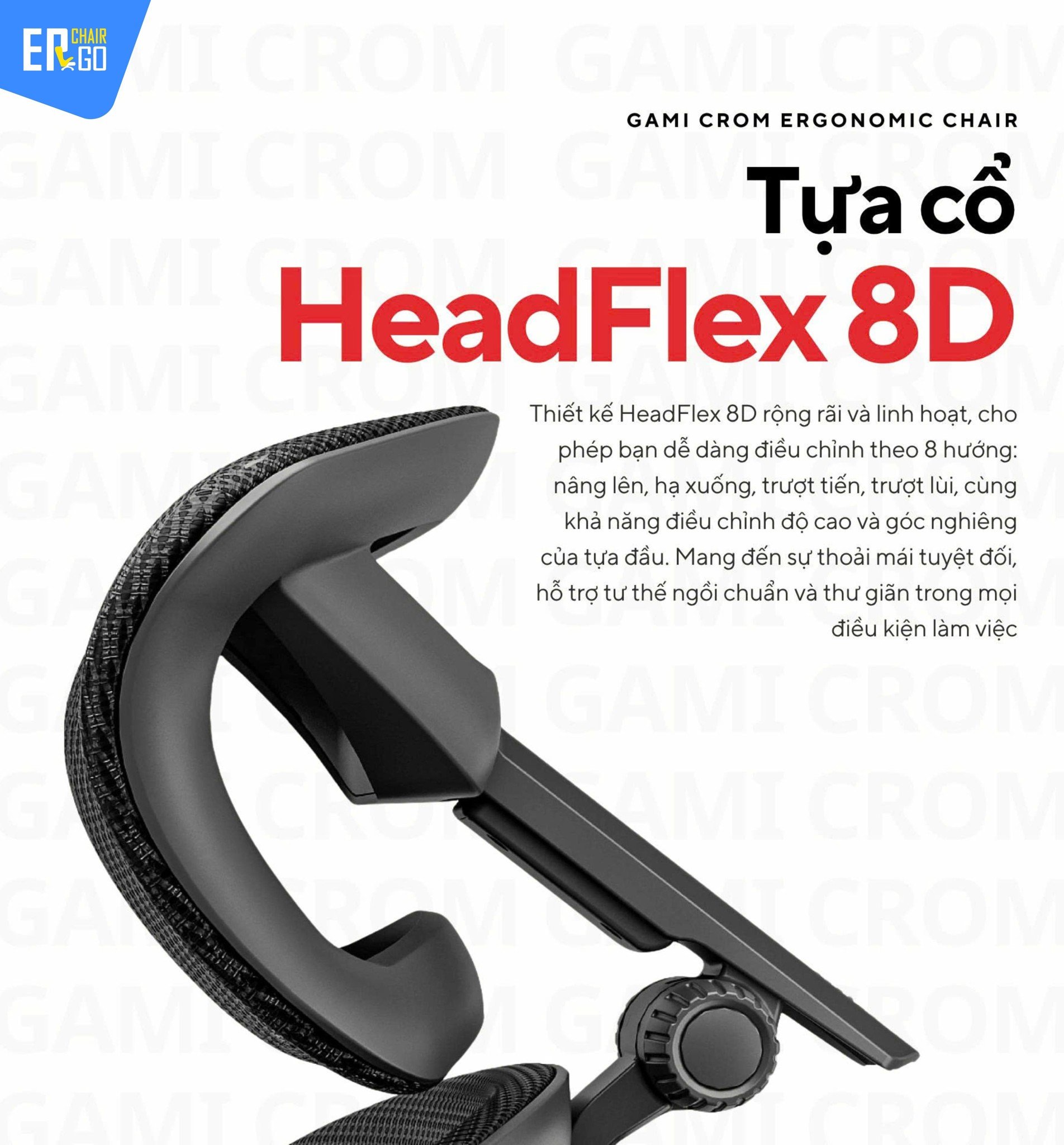 Ghế Công Thái Học Gami Crom bản thường màu Xám 2025 có Tựa đầu HeadFlex 8D bọc lưới Solidmesh USA thoáng khí, đa hướng
