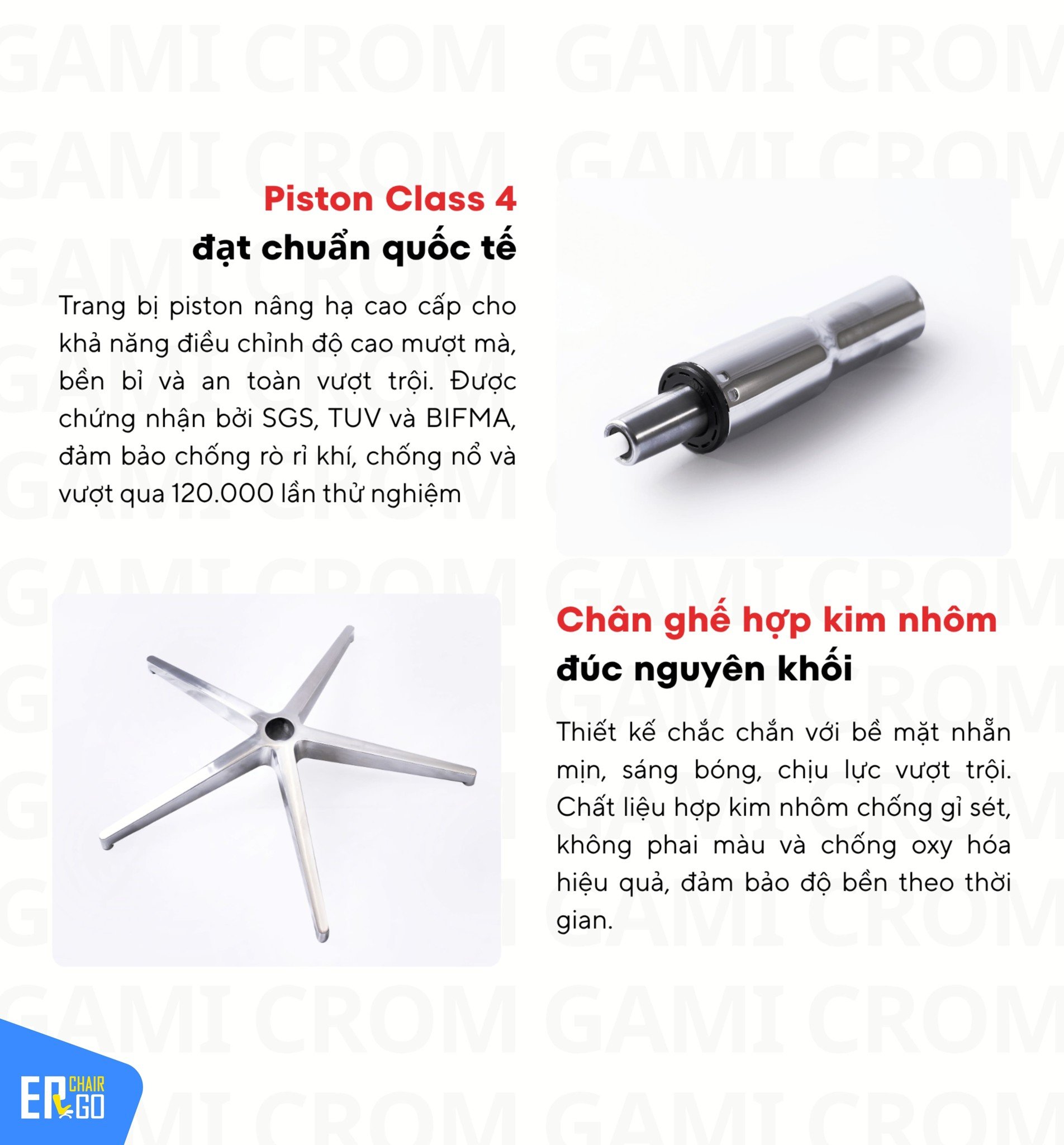 Ghế Công Thái Học Gami Crom bản thường màu Xám 2025 có Piston Class 4 WITHHUS an toàn, chống cháy nổ, chịu tải 150kg
