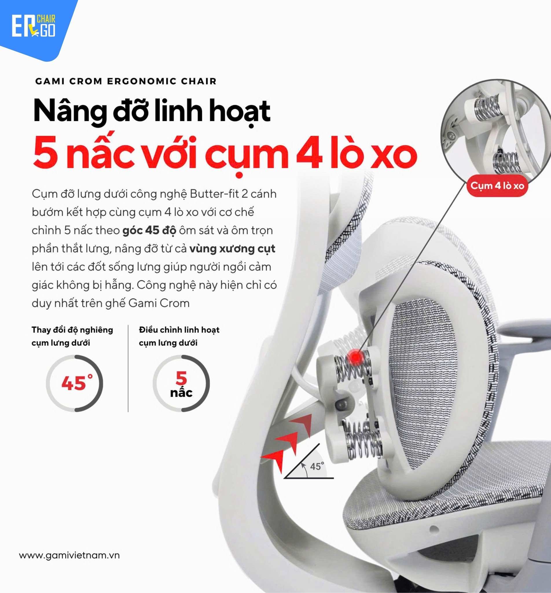 Ghế Công Thái Học Gami Crom bản thường màu Xám 2025 có Thiết kế tựa lưng 3 phần hỗ trợ cột sống tối ưu, ngả 4 nấc và khóa cố định linh hoạt