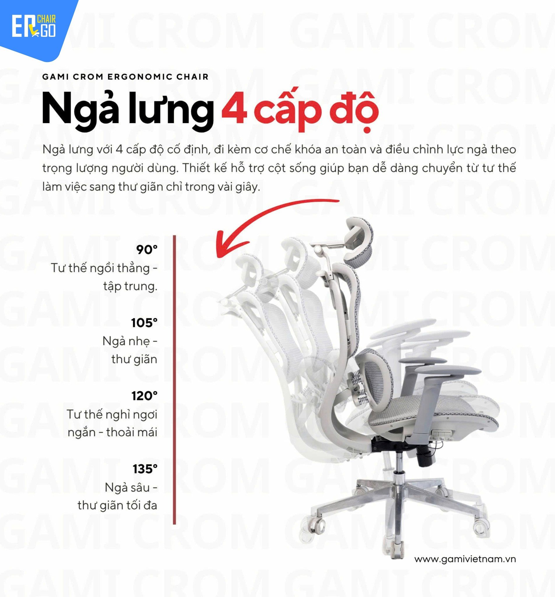 Ghế Công Thái Học Gami Crom bản thường màu Xám 2025 có thể ngả lưng theo 4 nấc khóa cố định