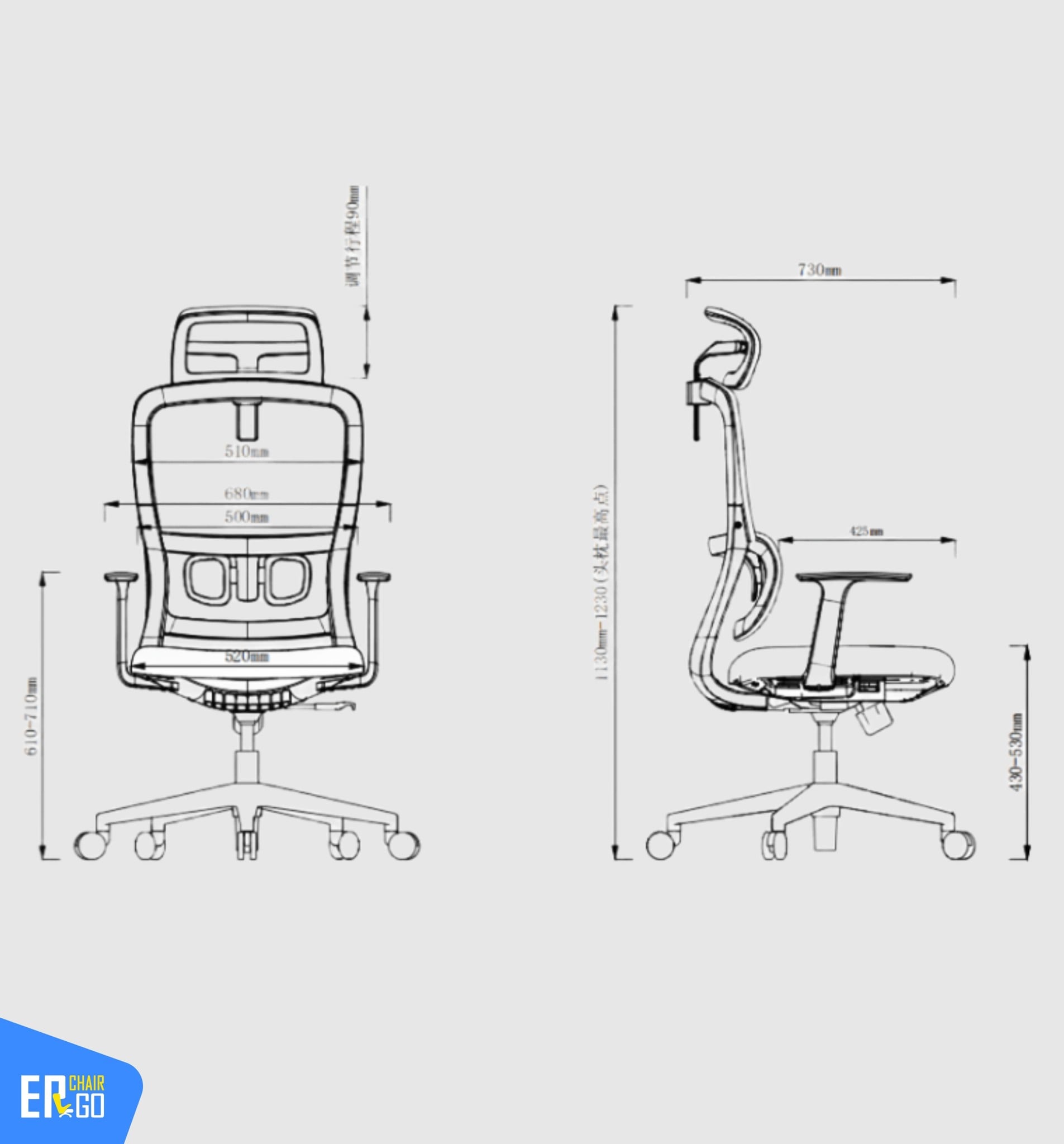 Kích thước của Ghế Công Thái Học Gami Lum2 bản 3D và 2D