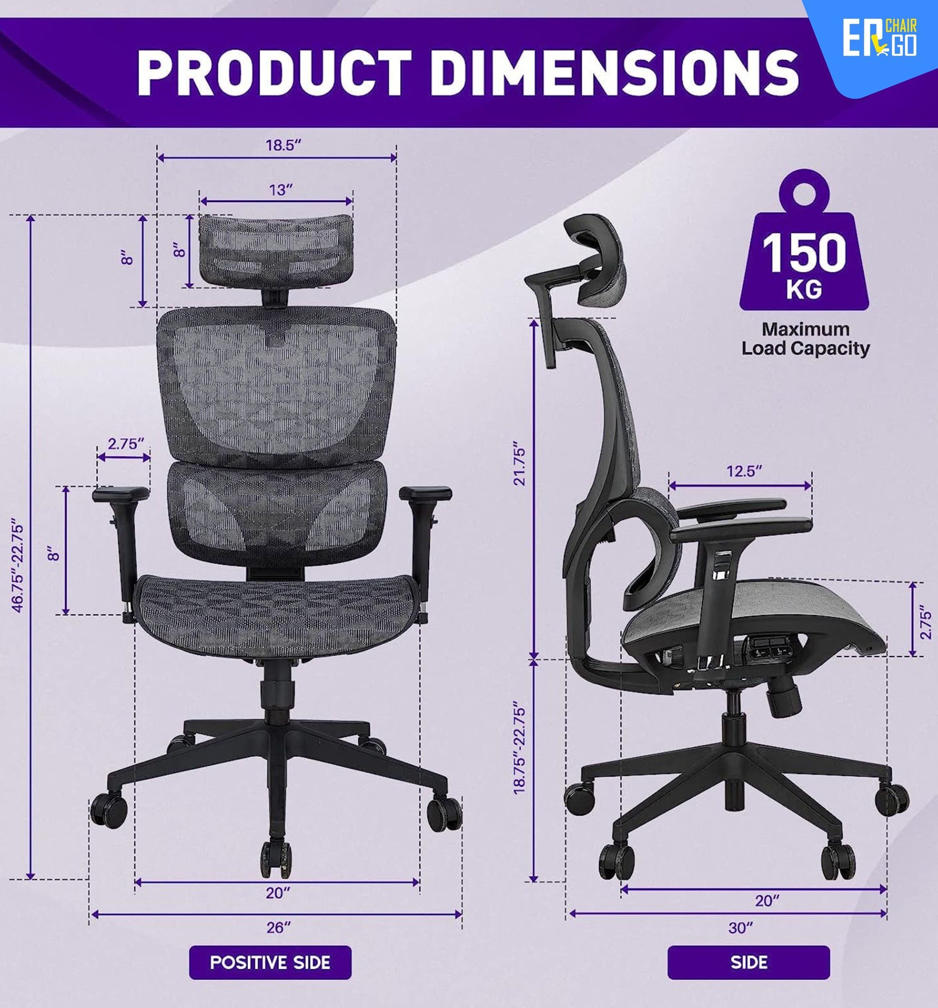 KÍCH THƯỚC CỦA GHẾ CÔNG THÁI HỌC BCHAIR B-101AF-16L BẢN THƯỜNG MÀU XÁM 2025