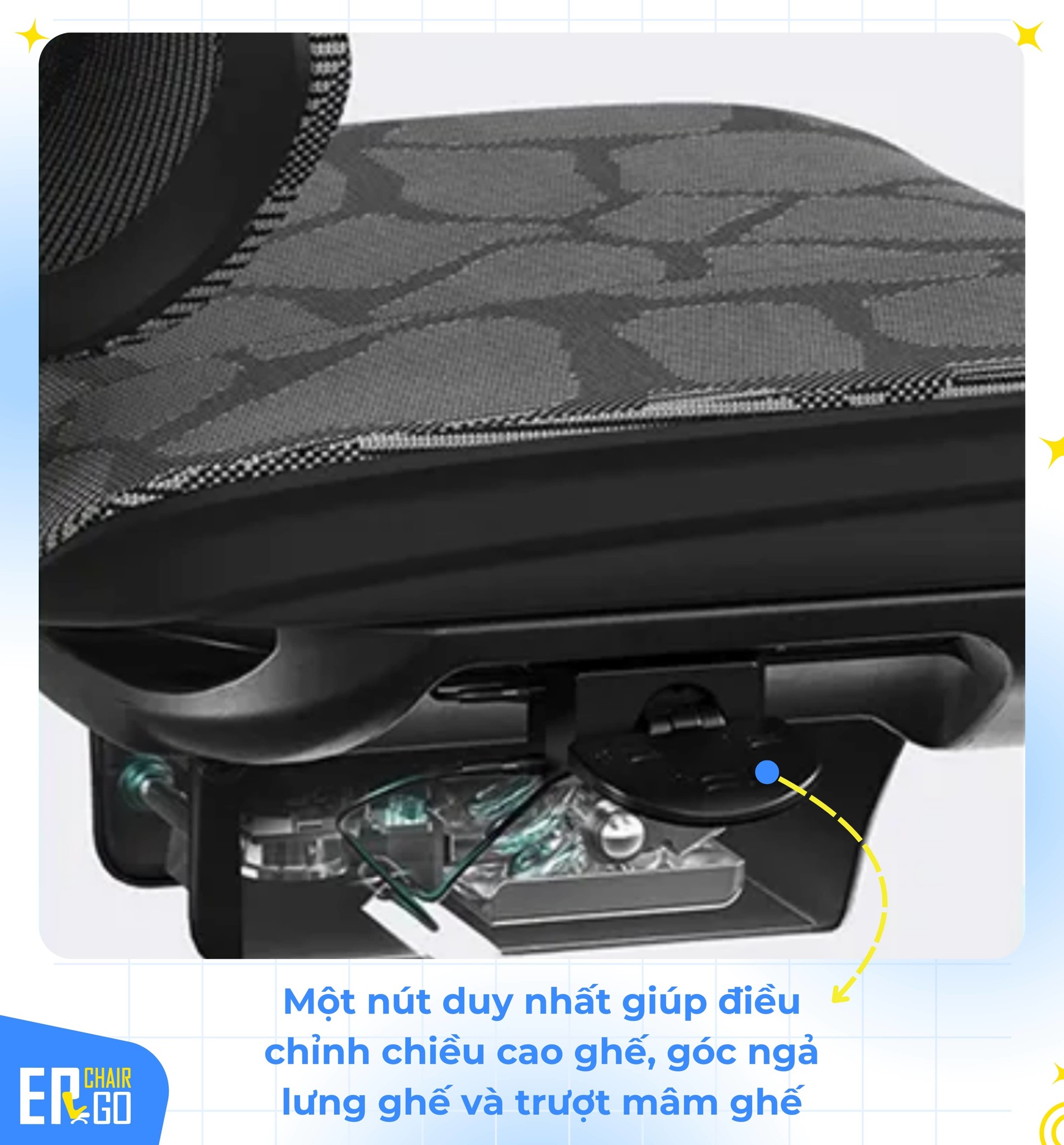 Khung gầm của Ghế Công Thái Học Gaming Sihoo Xiaoqi X5 được tích hợp lẫy điều chỉnh 3-in-1 để nâng hạ chiều cao ghế, chỉnh độ ngả lưng và trượt mâm ghế