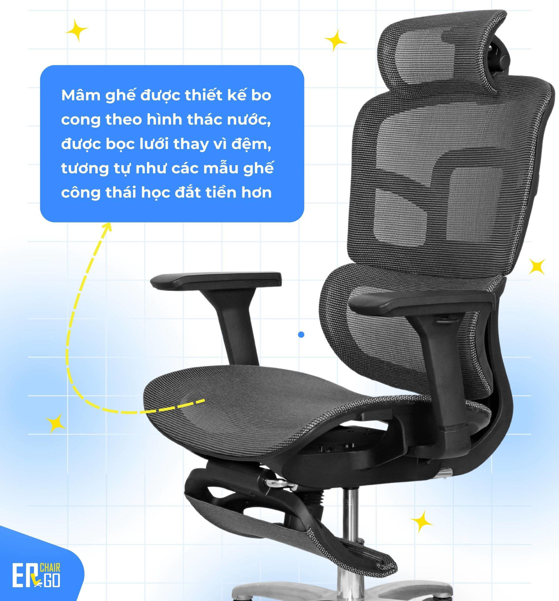 GHẾ CÔNG THÁI HỌC GIÁ RẺ SẴN GÁC CHÂN EA01 CÓ MÂM GHẾ HÌNH THÁC NƯỚC ĐƯỢC BỌC LƯỚI THOÁNG KHÍ