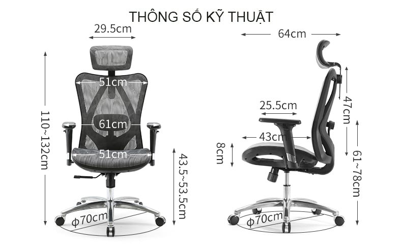 Kích thước của Ghế công thái học Sihoo M57
