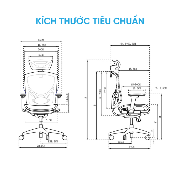 Kích thước của ghế công thái học GTChair I-VINO MT được bảo hành chính hãng 12 năm