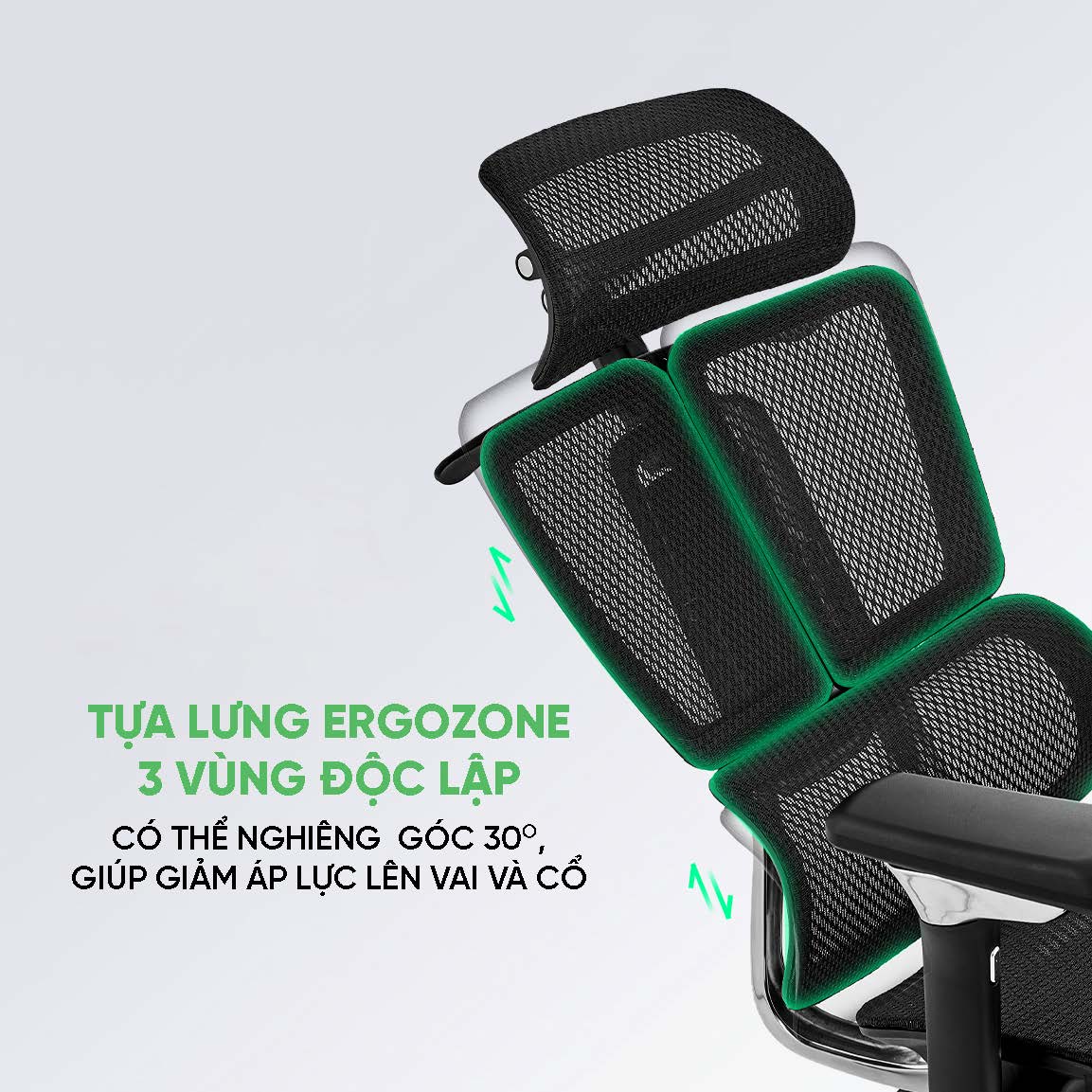 Ghế công thái học UpGen Nexus 2025 có Tựa lưng Ergozone 3 vùng độc lập hỗ trợ cột sống chuẩn khoa học, ngả lưng lên đến 145 độ