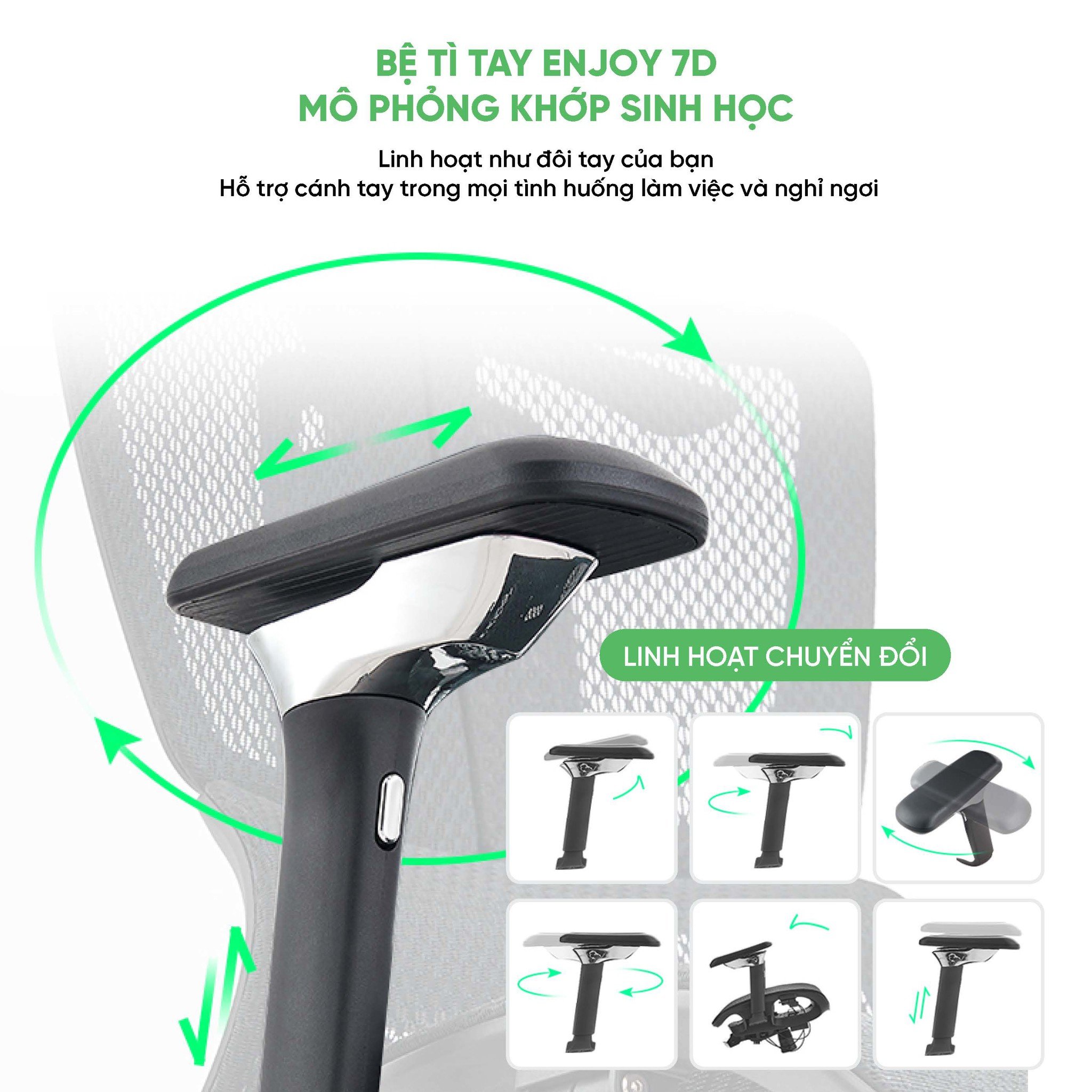 Ghế công thái học UpGen Nexus có Tay vịn Enjoy 7D linh hoạt như đôi tay của bạn