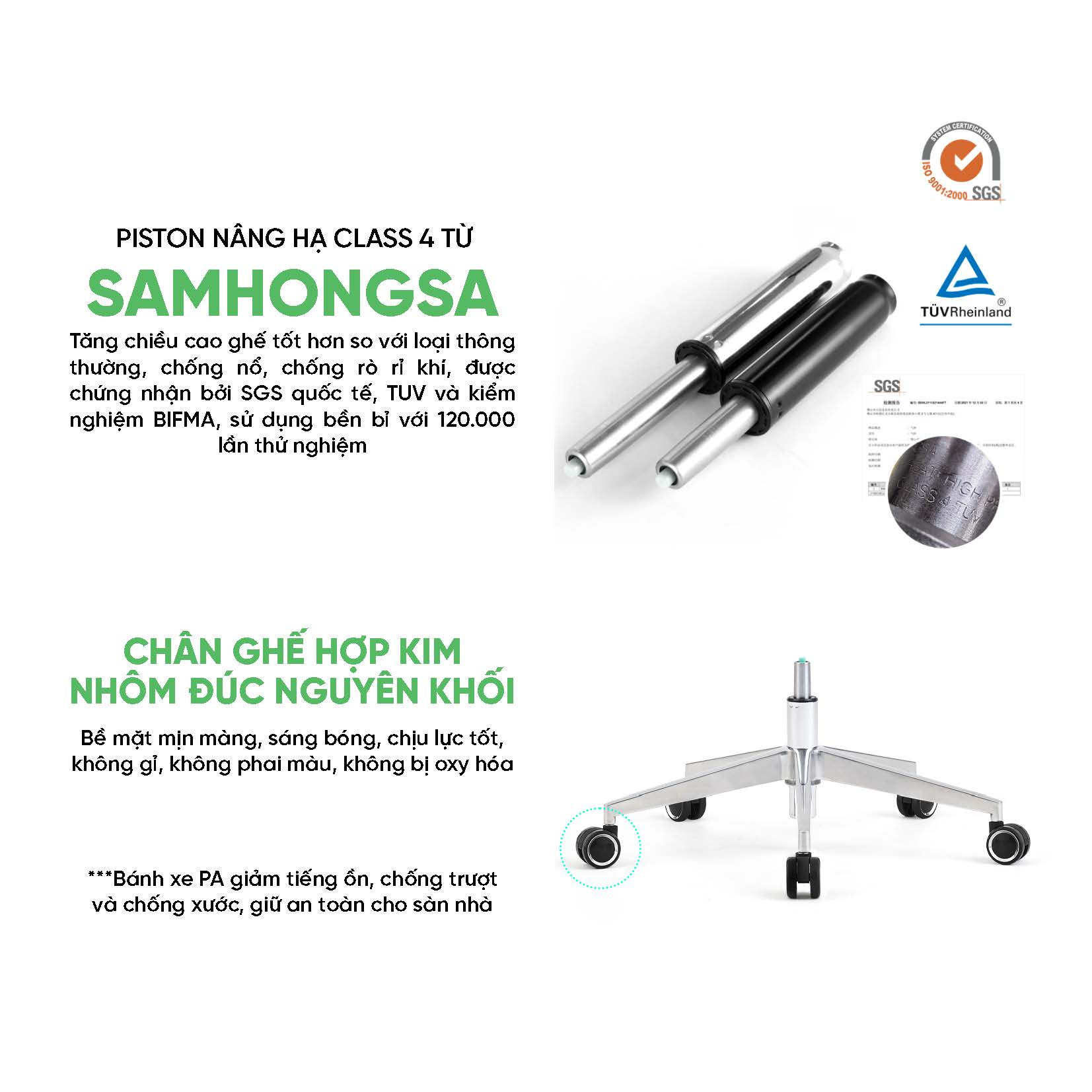 Ghế công thái học UpGen Nexus có PISTON CLASS 4 SAMHONGSA SHS (HÀN QUỐC), CHÂN GHẾ HỢP KIM VÀ BÁNH XE NHỰA PA