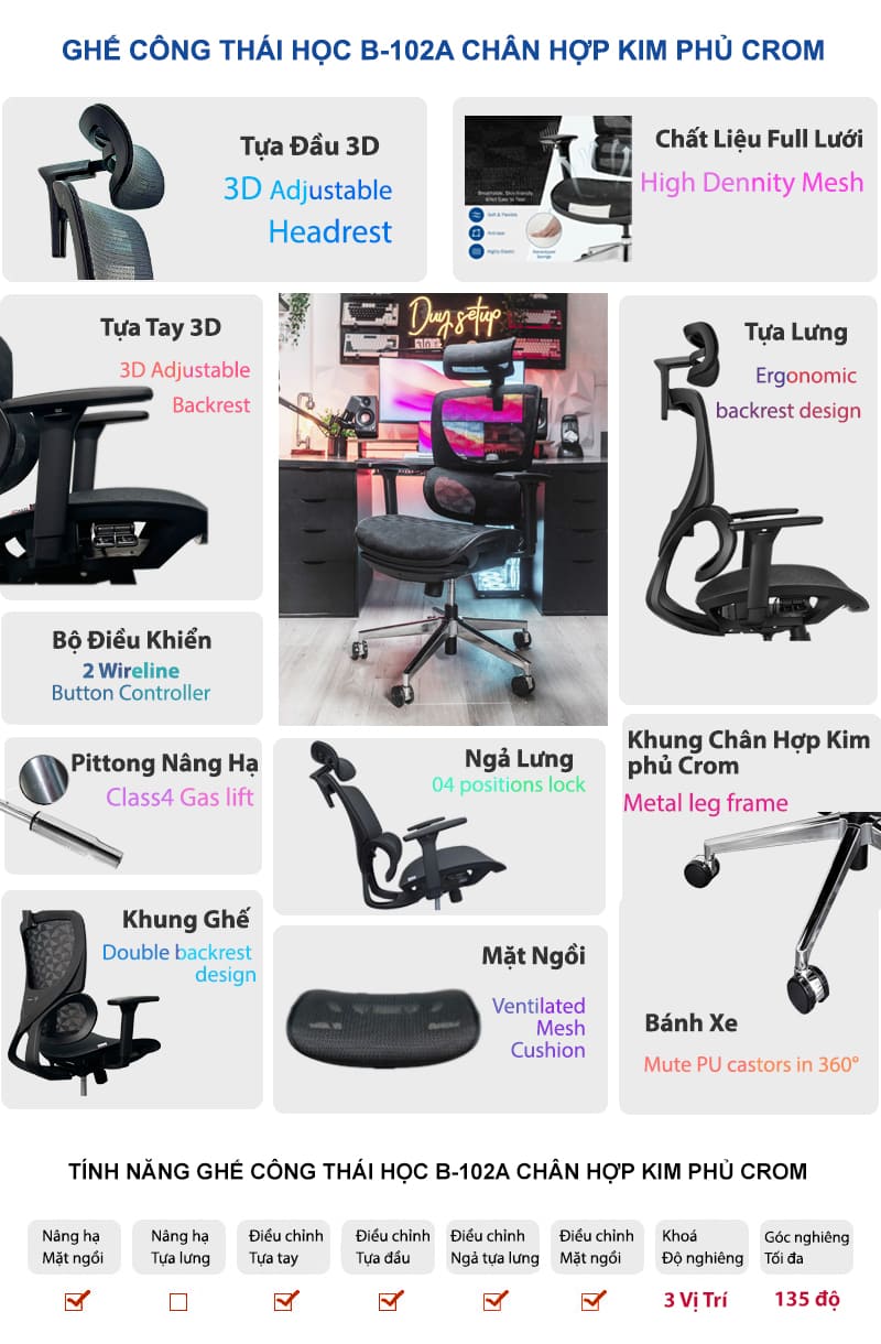 GHẾ CÔNG THÁI HỌC BCHAIR B-102A CHÂN KIM LOẠI