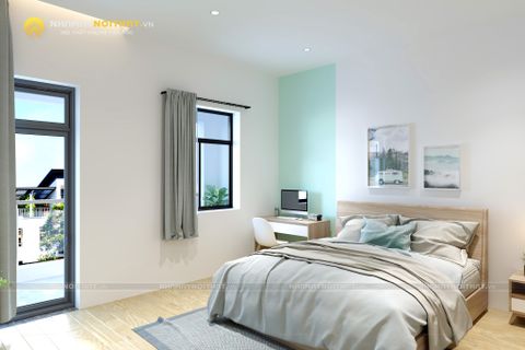 Phòng ngủ đầy sức sống với màu xanh pastel kết hợp cùng sắc trắng