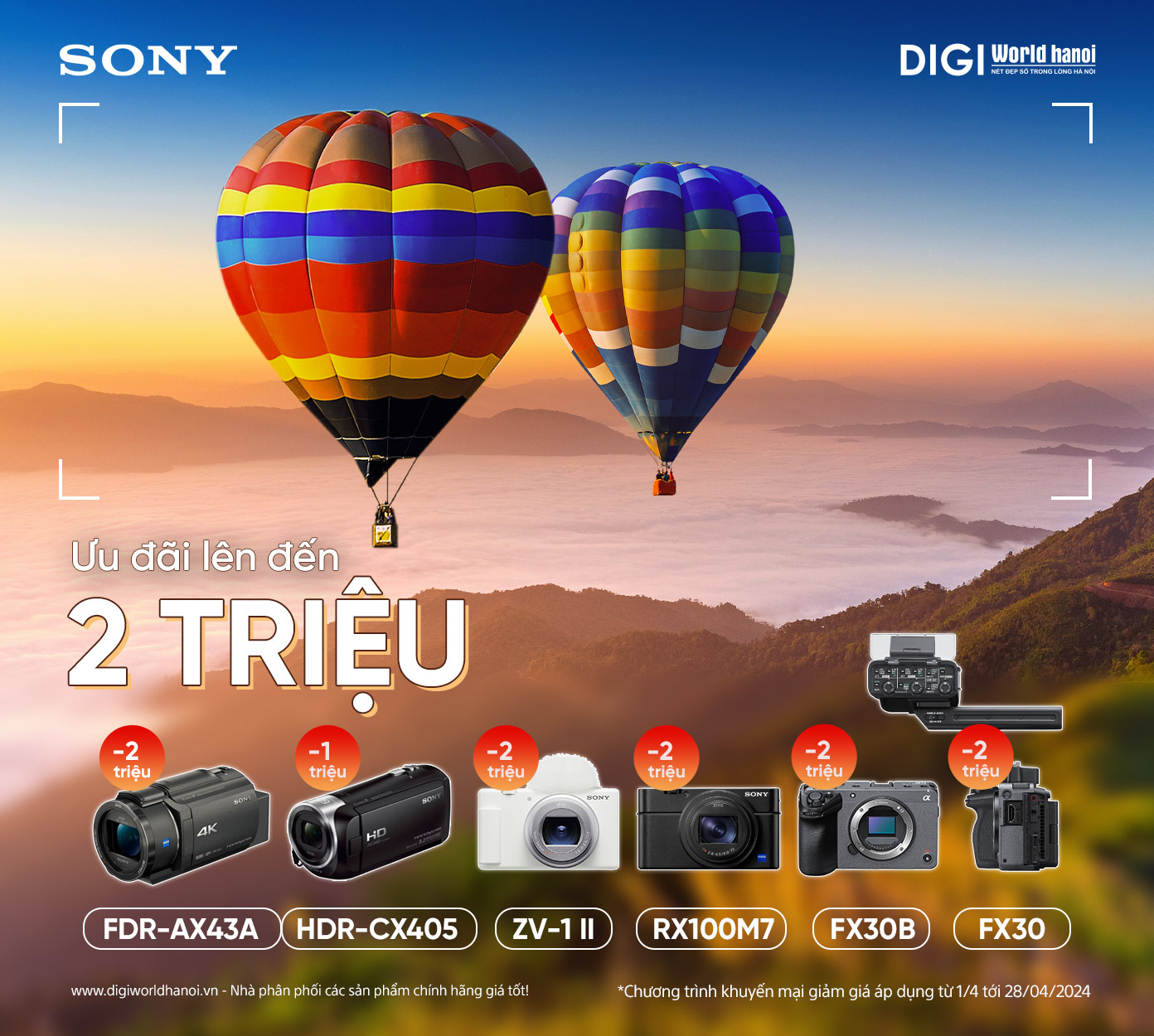 Chương trình giảm giá Sony FX 30, FX 30B, ZV-1, ZV-1 II, RX100M7, CX405,  AX43A,  ZV-1 II Vlog in Style Edition tại Digiworld Hà Nội