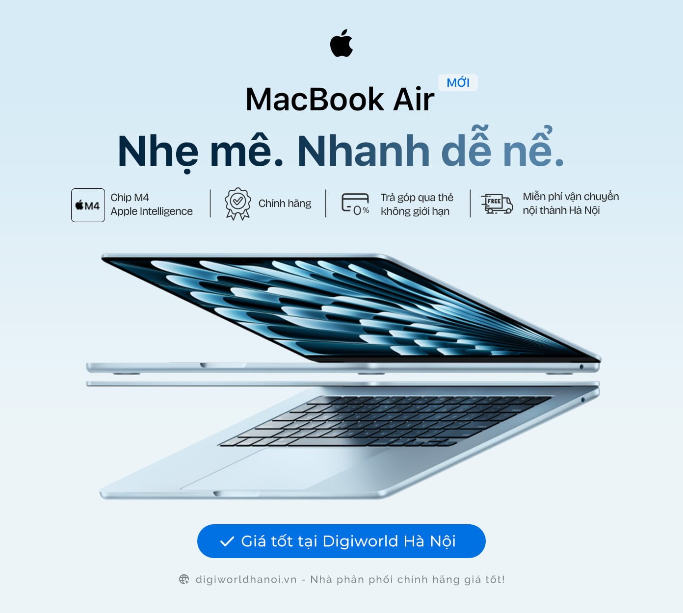 Macbook Air M4, Nhẹ mê. Nhanh dễ nể. Đang có giá tốt tại Digiworld Hà Nội!