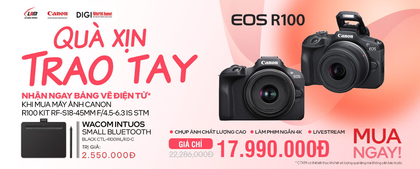 Tặng ngay bảng vẽ điện tử Walcom Black CTL 4100 trị giá 2,550,000đ khi mua Canon R100 tại Digiworld Hà Nội