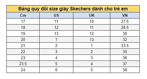 Bảng quy đổi size giày Skecher dành cho trẻ em