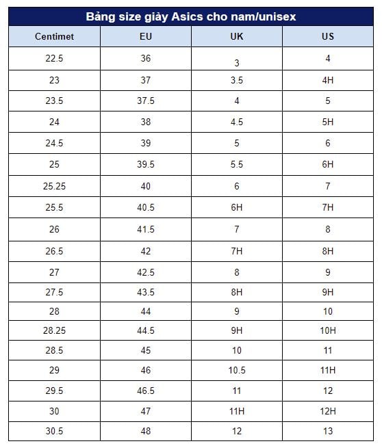 bảng size giày asics dành cho nam/unisex