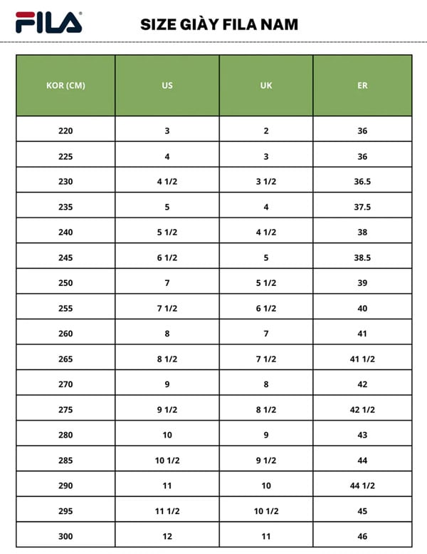 Bảng size giày Fila nam