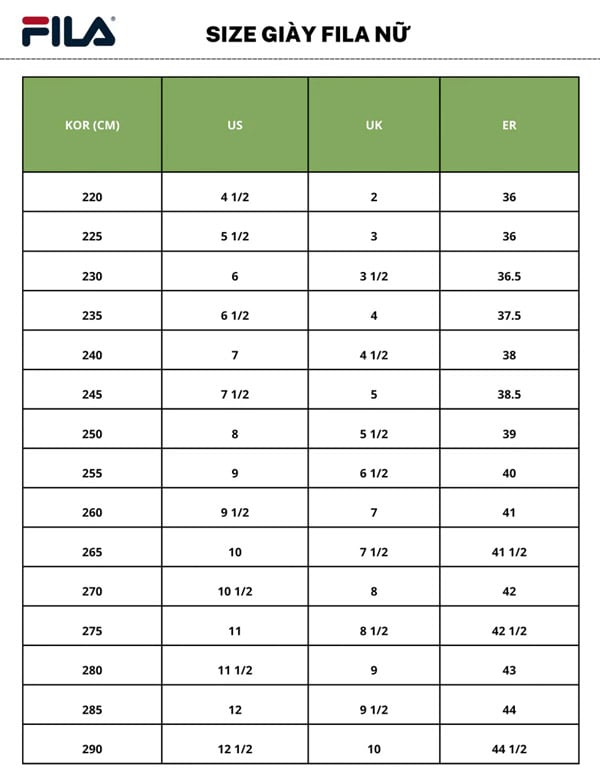 Bảng size giày Fila nữ