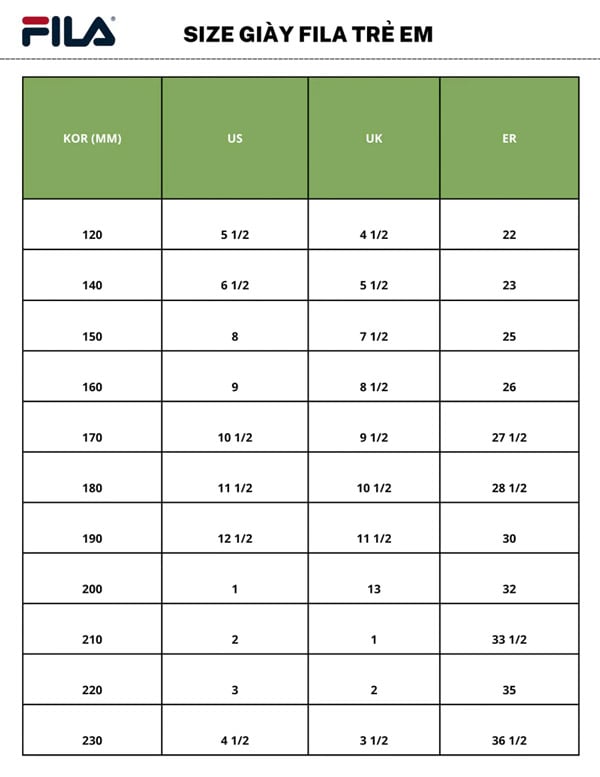 Bảng size giày Fila trẻ em