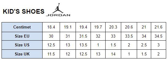 Bảng size giày Jordan cho trẻ em