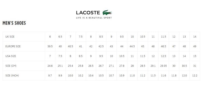 Bảng size giày Lacoste cho nam
