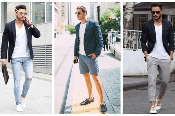 Diện giày lười da trắng cùng áo sơ mi, blazer và quần tây