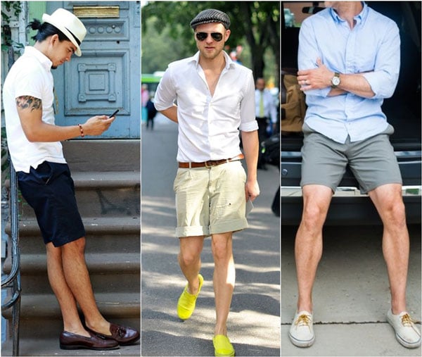 Phối giày lười thể thao với áo sơ mi trắng và quần ngố