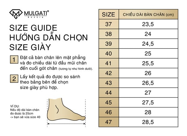 Bảng size giày boot nam Mulgati